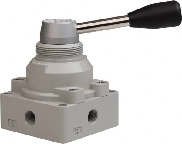 PRO-SOURCE - 1/4" NPT Manual Mechanical Valve - 4-Way, 2 Position, Lever, 0.98 CV Rate & 127.98 Max psi - Benchmark Tooling