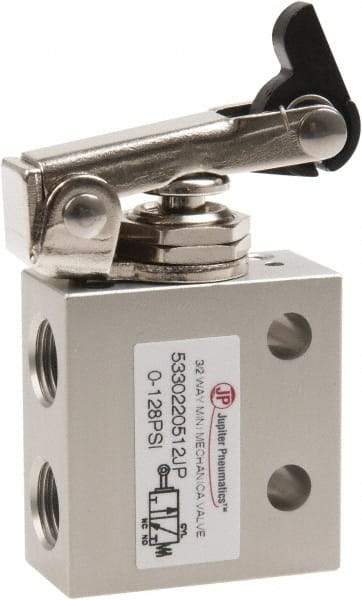 Value Collection - 1/8" NPT 3 Way, 2 Position Mini Mechanical Valve - 0.298 CV Rate, 7 CFM, 127.98 Max psi, One Way Roller/Spring Actuator - Benchmark Tooling