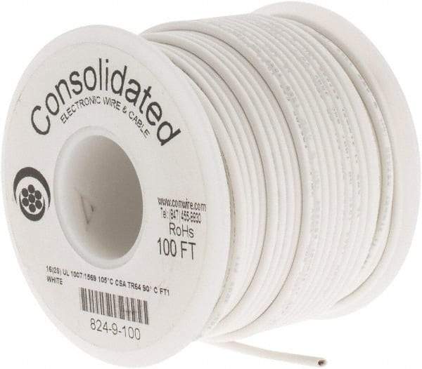 Made in USA - 16 AWG, 26 Strand, 100' OAL, Tinned Copper Hook Up Wire - White PVC Jacket, 0.092" Diam - Benchmark Tooling