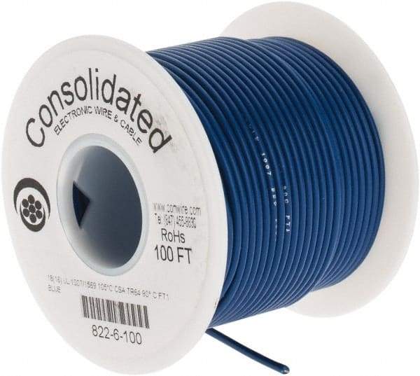 Made in USA - 18 AWG, 16 Strand, 100' OAL, Tinned Copper Hook Up Wire - Blue PVC Jacket, 0.08" Diam - Benchmark Tooling