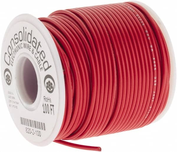 Made in USA - 20 AWG, 10 Strand, 100' OAL, Tinned Copper Hook Up Wire - Red PVC Jacket, 0.07" Diam - Benchmark Tooling