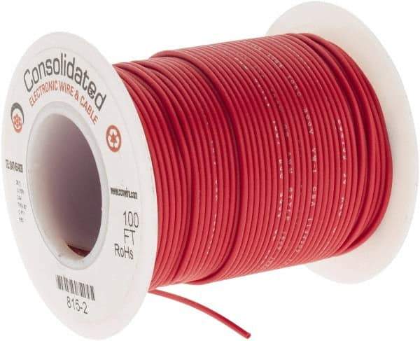 Made in USA - 26 AWG, 7 Strand, 100' OAL, Tinned Copper Hook Up Wire - Red PVC Jacket, 0.051" Diam - Benchmark Tooling