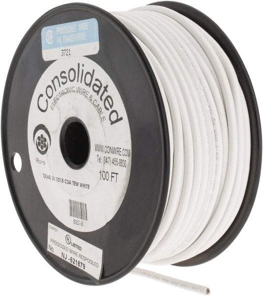 Made in USA - 12 AWG, 65 Strand, 100' OAL, Tinned Copper Hook Up Wire - White PVC Jacket, 0.155" Diam - Benchmark Tooling