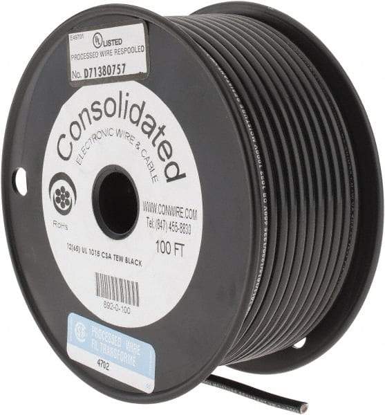 Made in USA - 12 AWG, 65 Strand, 100' OAL, Tinned Copper Hook Up Wire - Black PVC Jacket, 0.155" Diam - Benchmark Tooling