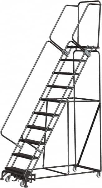 Ballymore - 133" 10 Step Rolling Warehouse Ladder - Lock Step Rolling Safety Ladder, 450 Lb Capacity, 100" Platform Height, 32" Base Width x 74" Base Depth, Perforated Tread - Benchmark Tooling