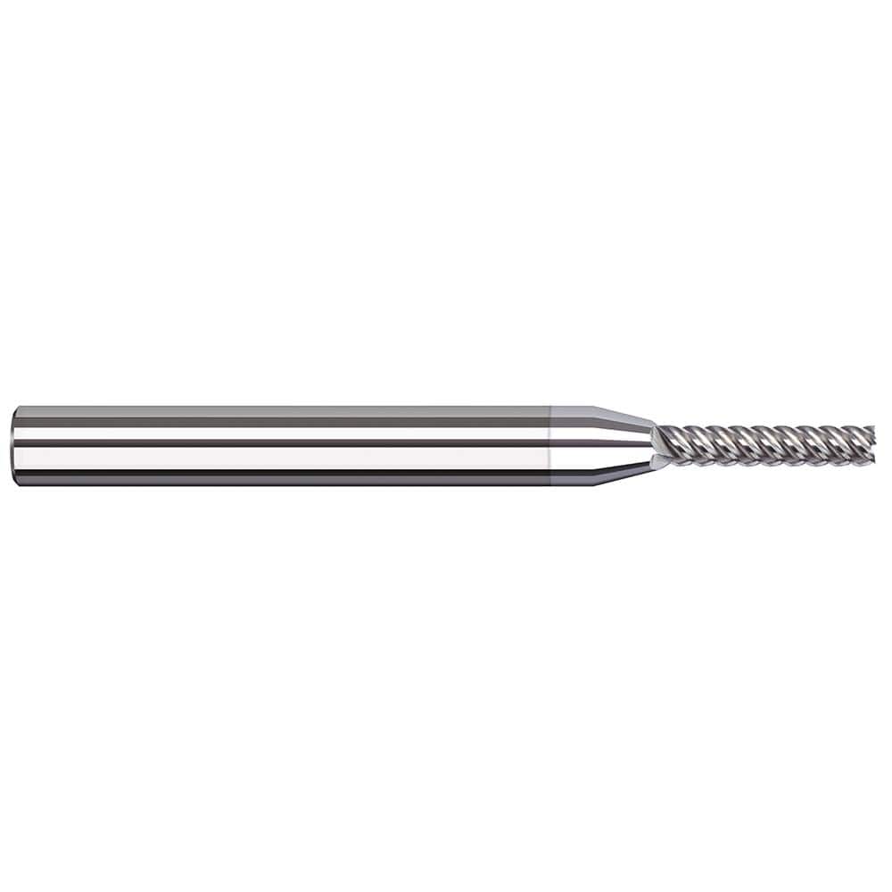 Square End Mill: 0.025'' Dia, 1/8'' LOC, 1/8'' Shank Dia, 2-1/2'' OAL, 4 Flutes, Solid Carbide Single End, TiB2 Finish, 50 ° Variable Helix, RH Cut, RH Flute