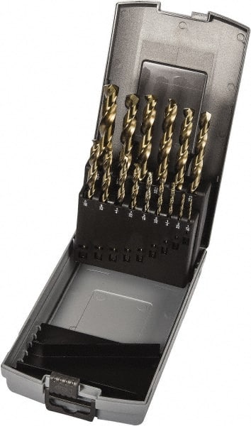 Precision Twist Drill - 1/16 to 1/2", 135° Point, Gold Finish, Cobalt Jobber Length Drill Bit Set - Benchmark Tooling