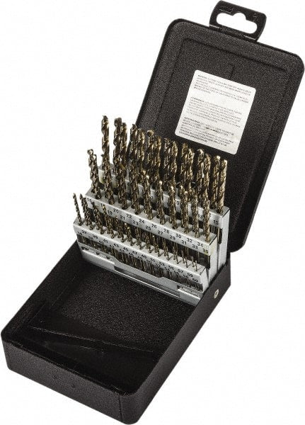 Drill Bit Set: Jobber Length Drill Bits, 60 Pc, 135 °, Cobalt Gold Finish, Split-Point, Straight Shank, Series R18CO