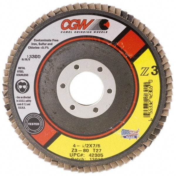 Camel Grinding Wheels - 80 Grit, 7" Disc Diam, 5/8-11 Center Hole, Type 27 Zirconia Alumina Flap Disc - 8,600 Max RPM, Poly Cotton Backing, Arbor Attaching System, Coated - Benchmark Tooling