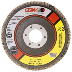 Camel Grinding Wheels - 80 Grit, 7" Disc Diam, 5/8-11 Center Hole, Type 27 Zirconia Alumina Flap Disc - 8,600 Max RPM, Poly Cotton Backing, Arbor Attaching System, Coated - Benchmark Tooling