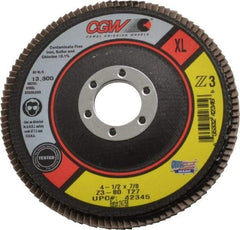 Camel Grinding Wheels - 80 Grit, 4-1/2" Disc Diam, 7/8" Center Hole, Type 27 Zirconia Alumina Flap Disc - 13,300 Max RPM, Poly Cotton Backing, Arbor Attaching System, Coated - Benchmark Tooling