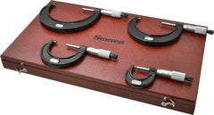 Starrett - 0 to 4" Range, 4 Piece Mechanical Outside Micrometer Set - 0.0001" Graduation, Ratchet Stop Thimble, Carbide Tipped Face - Benchmark Tooling