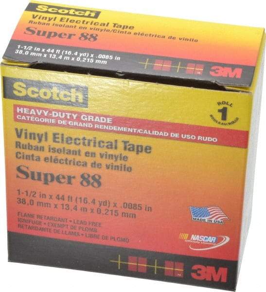 3M - 1-1/2" x 44', Black Vinyl Electrical Tape - Series 88, 8.5 mil Thick, 20 Lb./Inch Tensile Strength - Benchmark Tooling