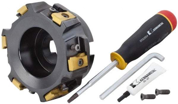 Kennametal - 6 Inserts, 5" Cut Diam, 1-1/2" Arbor Diam, 25.45mm Max Depth of Cut, Indexable Square-Shoulder Face Mill - 0/90° Lead Angle, 2-3/8" High, LN.U 2210.. Insert Compatibility, Series MEGA90 - Benchmark Tooling