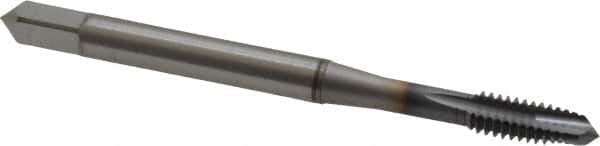 OSG - #8-32 UNC, 3 Flute, TiCN Finish, Vanadium High Speed Steel Spiral Point Tap - Plug Chamfer, Right Hand Thread, 2-1/8" OAL, 3/4" Thread Length, 0.168" Shank Diam, 3B Class of Fit, Series 300 - Exact Industrial Supply