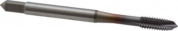 OSG - #8-32 UNC, 3 Flute, TiCN Finish, Vanadium High Speed Steel Spiral Point Tap - Plug Chamfer, Right Hand Thread, 2-1/8" OAL, 3/4" Thread Length, 0.168" Shank Diam, Series 300 - Exact Industrial Supply