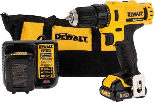 DeWALT - 12 Volt 3/8" Chuck Pistol Grip Handle Cordless Drill - 0-400 & 0-1500 RPM, Keyless Chuck, Reversible, 2 Lithium-Ion Batteries Included - Benchmark Tooling