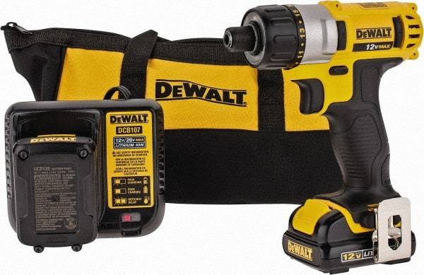 DeWALT - 12 Volt 1/4" Chuck Pistol Grip Handle Cordless Drill - 0-1050 RPM, Keyless Chuck, Reversible, 2 Lithium-Ion Batteries Included - Benchmark Tooling