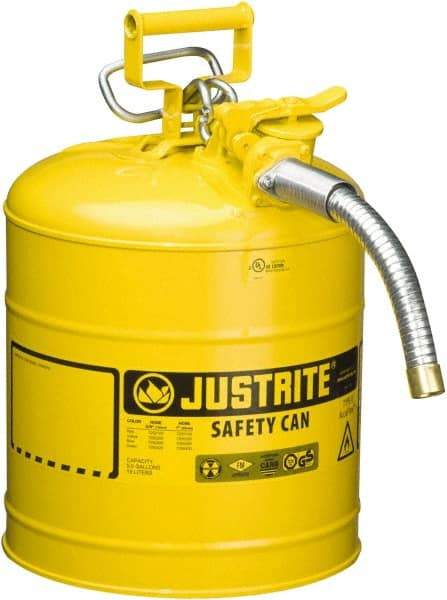 Justrite - 5 Gal Galvanized Steel Self-Closing, Self-Venting, Full-Length Flame Arrester - 16-7/8" High x 11-3/4" Diam, Yellow - Benchmark Tooling