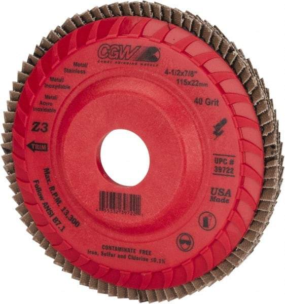 Camel Grinding Wheels - 40 Grit, 4-1/2" Disc Diam, 7/8" Center Hole, Type 27 Zirconia Alumina Flap Disc - 13,300 Max RPM, Poly Cotton Backing, Arbor Attaching System, Coated - Benchmark Tooling