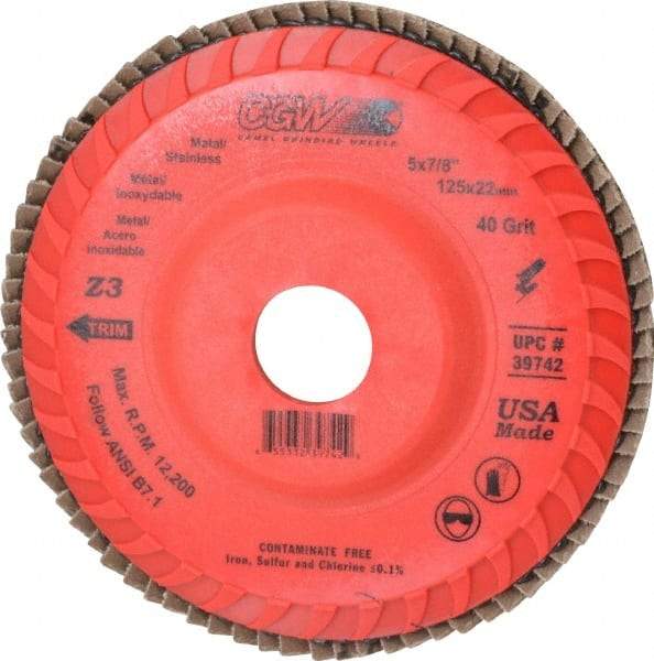 Camel Grinding Wheels - 40 Grit, 5" Disc Diam, 7/8" Center Hole, Type 27 Ceramic Flap Disc - 12,200 Max RPM, Poly Cotton Backing, Arbor Attaching System, Coated - Benchmark Tooling