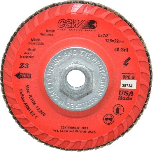 Camel Grinding Wheels - 40 Grit, 5" Disc Diam, 5/8-11 Center Hole, Type 27 Zirconia Alumina Flap Disc - 12,200 Max RPM, Poly Cotton Backing, Arbor Attaching System, Coated - Benchmark Tooling