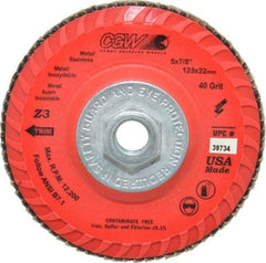 Camel Grinding Wheels - 40 Grit, 5" Disc Diam, 5/8-11 Center Hole, Type 27 Zirconia Alumina Flap Disc - 12,200 Max RPM, Poly Cotton Backing, Arbor Attaching System, Coated - Benchmark Tooling