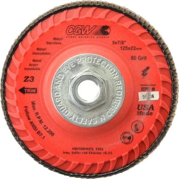 Camel Grinding Wheels - 80 Grit, 5" Disc Diam, 5/8-11 Center Hole, Type 27 Zirconia Alumina Flap Disc - 12,200 Max RPM, Poly Cotton Backing, Arbor Attaching System, Coated - Benchmark Tooling
