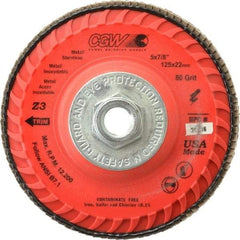 Camel Grinding Wheels - 80 Grit, 5" Disc Diam, 5/8-11 Center Hole, Type 27 Zirconia Alumina Flap Disc - 12,200 Max RPM, Poly Cotton Backing, Arbor Attaching System, Coated - Benchmark Tooling