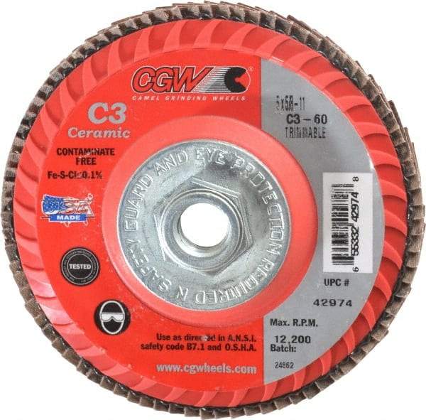 Camel Grinding Wheels - 60 Grit, 5" Disc Diam, 5/8-11 Center Hole, Type 27 Ceramic Flap Disc - 12,200 Max RPM, Polyester Backing, Arbor Attaching System, Coated - Benchmark Tooling