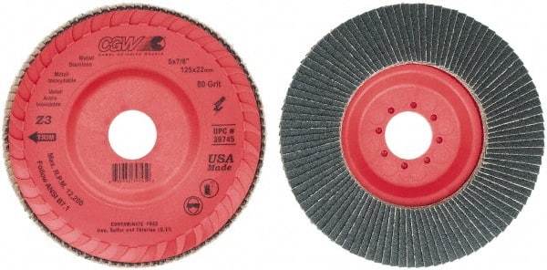 Camel Grinding Wheels - 80 Grit, 5" Disc Diam, 7/8" Center Hole, Type 27 Zirconia Alumina Flap Disc - 12,200 Max RPM, Poly Cotton Backing, Arbor Attaching System, Coated - Benchmark Tooling