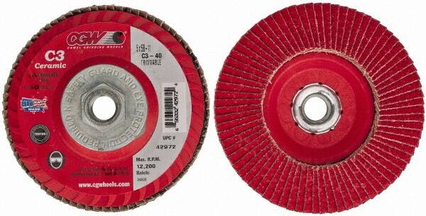 Camel Grinding Wheels - 40 Grit, 5" Disc Diam, 5/8-11 Center Hole, Type 27 Ceramic Flap Disc - 12,200 Max RPM, Polyester Backing, Arbor Attaching System, Coated - Benchmark Tooling