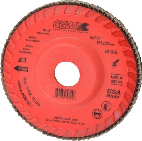 Camel Grinding Wheels - 60 Grit, 5" Disc Diam, 7/8" Center Hole, Type 27 Zirconia Alumina Flap Disc - 12,200 Max RPM, Poly Cotton Backing, Arbor Attaching System, Coated - Benchmark Tooling