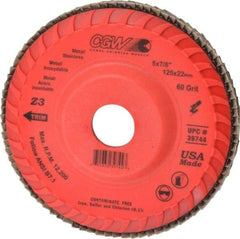 Camel Grinding Wheels - 60 Grit, 5" Disc Diam, 7/8" Center Hole, Type 27 Zirconia Alumina Flap Disc - 12,200 Max RPM, Poly Cotton Backing, Arbor Attaching System, Coated - Benchmark Tooling