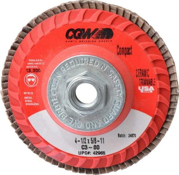 Camel Grinding Wheels - 80 Grit, 4-1/2" Disc Diam, 5/8-11 Center Hole, Type 27 Ceramic Flap Disc - 13,300 Max RPM, Polyester Backing, Arbor Attaching System, Coated - Benchmark Tooling