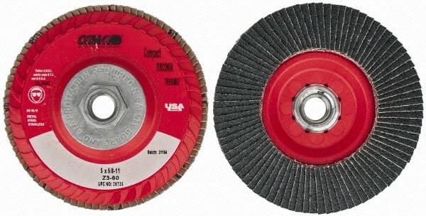 Camel Grinding Wheels - 60 Grit, 5" Disc Diam, 5/8-11 Center Hole, Type 27 Zirconia Alumina Flap Disc - 12,200 Max RPM, Poly Cotton Backing, Arbor Attaching System, Coated - Benchmark Tooling