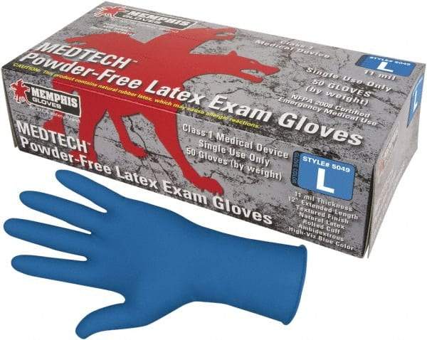 MCR Safety - Size XL, 11 mil, Medical Grade, Powder Free Latex Disposable Gloves - 12" Long, Blue, Textured Rolled Cuffs, FDA Approved, Ambidextrous - Benchmark Tooling