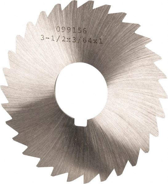 Made in USA - 3-1/2" Diam x 3/64" Blade Thickness x 1" Arbor Hole Diam, 34 Tooth Slitting and Slotting Saw - Arbor Connection, Right Hand, Uncoated, High Speed Steel, Concave Ground, Contains Keyway - Benchmark Tooling