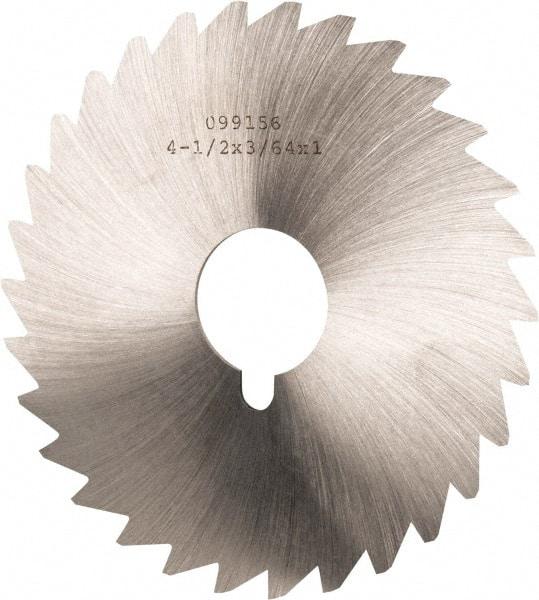 Made in USA - 4-1/2" Diam x 3/64" Blade Thickness x 1" Arbor Hole Diam, 36 Tooth Slitting and Slotting Saw - Arbor Connection, Right Hand, Uncoated, High Speed Steel, Concave Ground, Contains Keyway - Benchmark Tooling