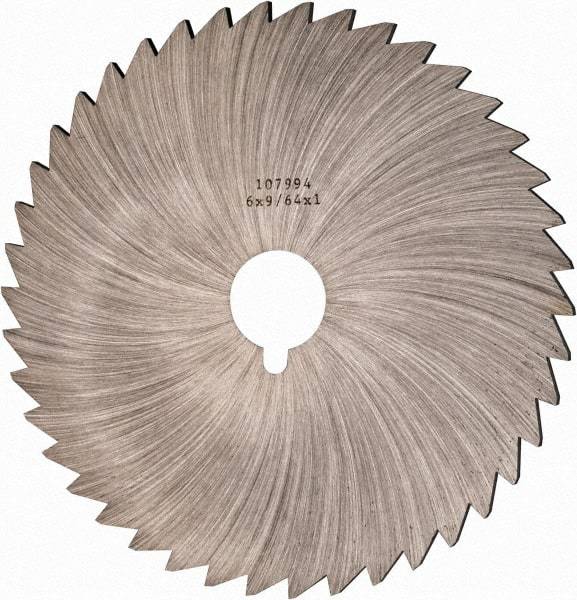 Made in USA - 6" Diam x 9/64" Blade Thickness x 1" Arbor Hole Diam, 44 Tooth Slitting and Slotting Saw - Arbor Connection, Right Hand, Uncoated, High Speed Steel, Concave Ground, Contains Keyway - Benchmark Tooling