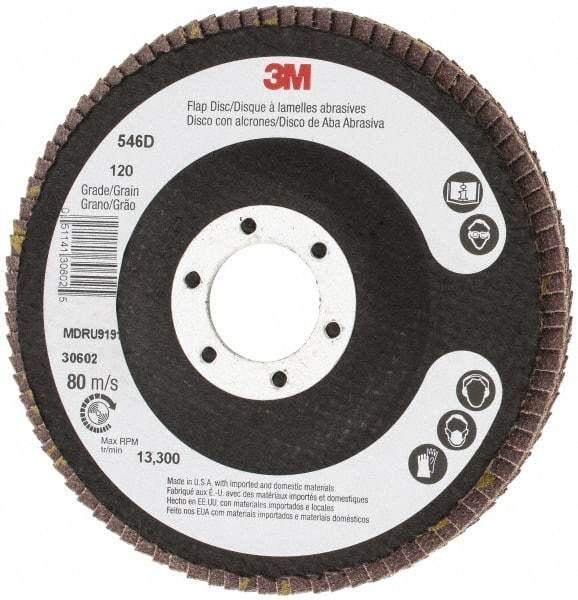 3M - 120 Grit, 4-1/2" Disc Diam, 7/8" Center Hole, Type 27 Zirconia Alumina Flap Disc - Cloth Backing, Arbor Attaching System, Coated - Benchmark Tooling