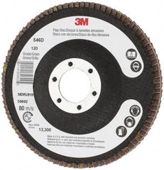 3M - 120 Grit, 4-1/2" Disc Diam, 7/8" Center Hole, Type 27 Zirconia Alumina Flap Disc - Cloth Backing, Arbor Attaching System, Coated - Benchmark Tooling