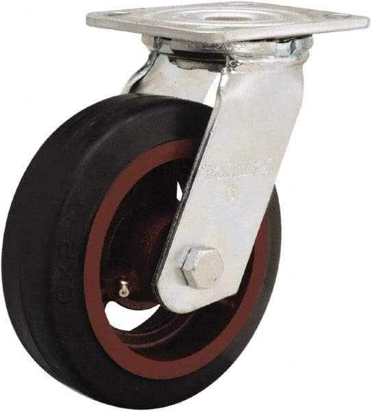 Hamilton - 6" Diam x 2" Wide x 7-1/2" OAH Top Plate Mount Swivel Caster - Rubber Mold on Cast Iron, 410 Lb Capacity, Straight Roller Bearing, 4 x 4-1/2" Plate - Benchmark Tooling