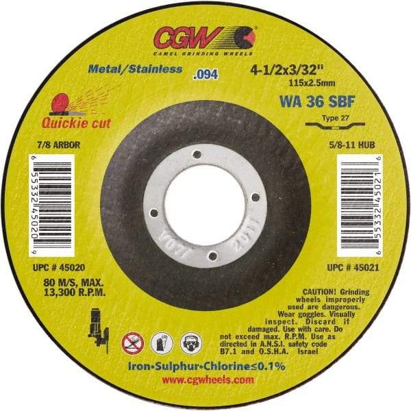 Camel Grinding Wheels - 36 Grit, 4-1/2" Wheel Diam, 3/32" Wheel Thickness, Type 27 Depressed Center Wheel - Medium Grade, Aluminum Oxide, Resinoid Bond, 13,300 Max RPM - Benchmark Tooling