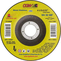Camel Grinding Wheels - 36 Grit, 6" Wheel Diam, 3/32" Wheel Thickness, 7/8" Arbor Hole, Type 27 Depressed Center Wheel - Medium Grade, Aluminum Oxide, Resinoid Bond, 10,200 Max RPM - Benchmark Tooling