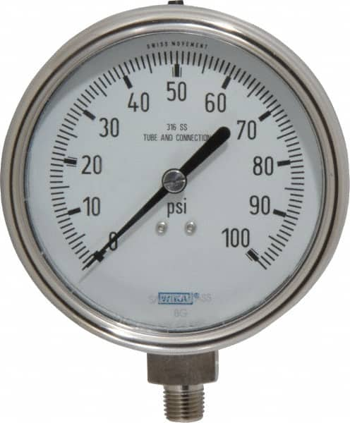 Wika - 4" Dial, 1/4 Thread, 0-100 Scale Range, Pressure Gauge - Lower Connection Mount, Accurate to 1% of Scale - Benchmark Tooling