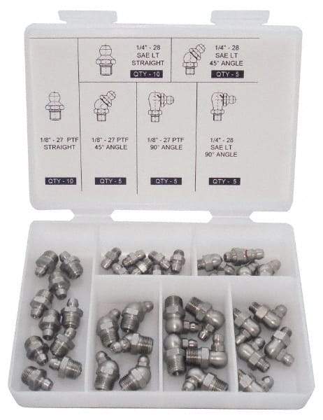 PRO-LUBE - 40 Piece, Inch, Box Plastic Stainless Steel Grease Fitting Set - Includes PTF, UNF Thread Types, Includes 1/4-28 SAE-LT: (10) Straight, (5) 45°, (5) 90°, 1/8-27 PTF: (10) Straight, (5) 45°, (5) 90° - Benchmark Tooling