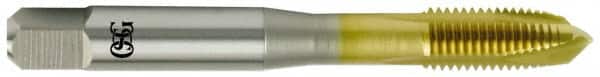 OSG - 3/8-24 UNF, 3 Flute, TiN Finish, Vanadium High Speed Steel Spiral Point Tap - Plug Chamfer, Right Hand Thread, 2-15/16" OAL, 1-1/4" Thread Length, Series 11015 - Exact Industrial Supply