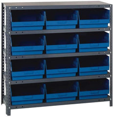 Quantum Storage - 12 Bin Store-More Shelf Bin System - 36 Inch Overall Width x 12 Inch Overall Depth x 39 Inch Overall Height, Blue Polypropylene Bins - Benchmark Tooling