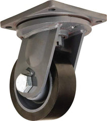 Hamilton - 8" Diam x 3" Wide x 11" OAH Top Plate Mount Swivel Caster - Polyurethane Mold on Forged Steel, 4,500 Lb Capacity, Tapered Roller Bearing, 8-1/2 x 8-1/2" Plate - Benchmark Tooling